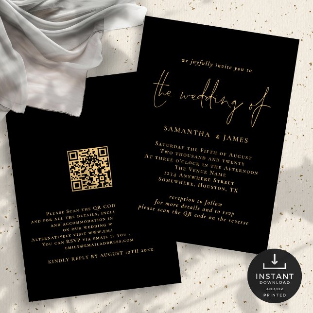 Clásico QR Code Gold Invitación a la boda negra (Front and back view)