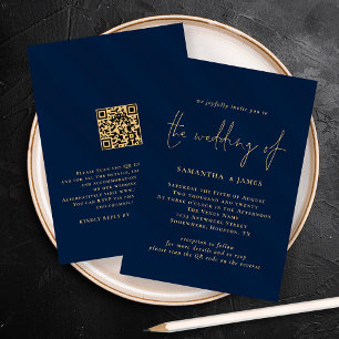 Clásico QR Code Gold Navy Wedding Invitación