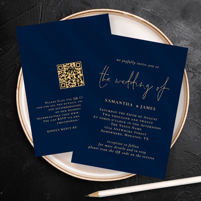 Clásico QR Code Gold Navy Wedding Invitación (Subido por el creador)