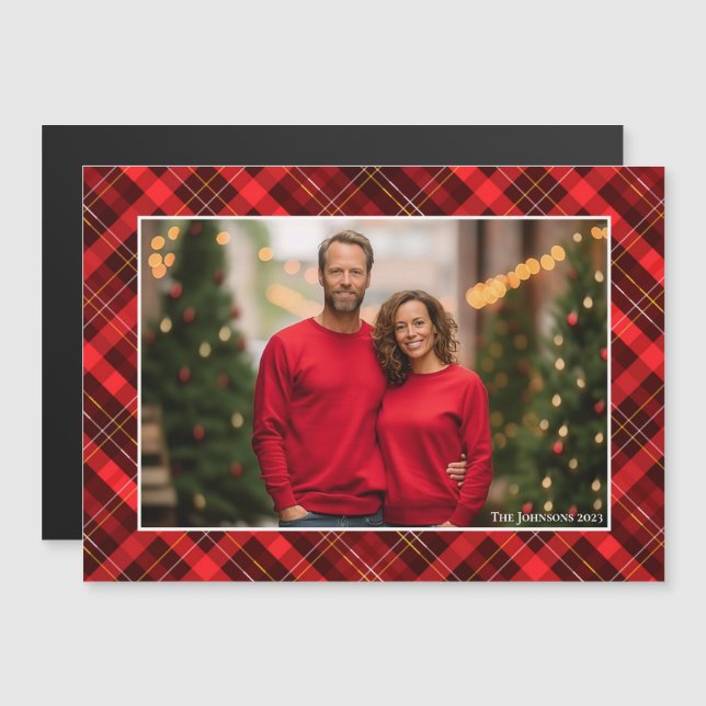 Clásico Red Plaid Tartán Navidades Photo Magnet (Anverso/Reverso)