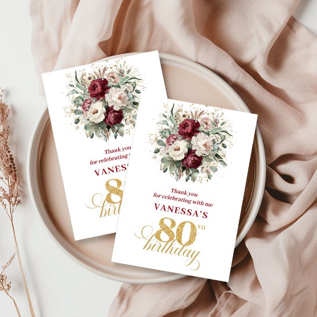 Clásico Rosa Burdeos Cumpleaños 80 Agradecimiento (Classic Blush Burgundy 80th Birthday Thank You Card)