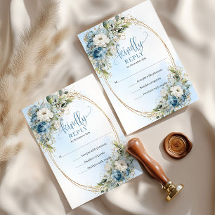 Clásico RSVP de boda con marco dorado azul polvori