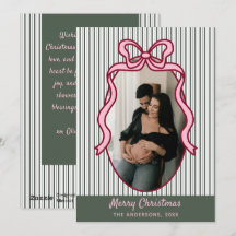 Clásico Verde Oscuro Rayas y Lazo Rosa Navidad