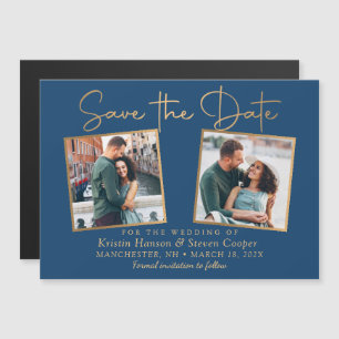Classic Blue Gold 2 Photo Save the Date Magnet
