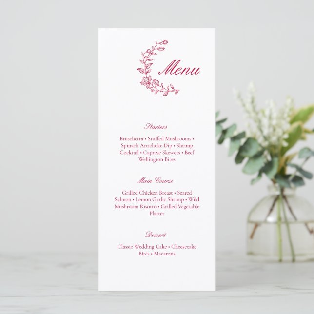 Classic Burgundy Wedding Menu with Floral Accent (Anverso de pie)