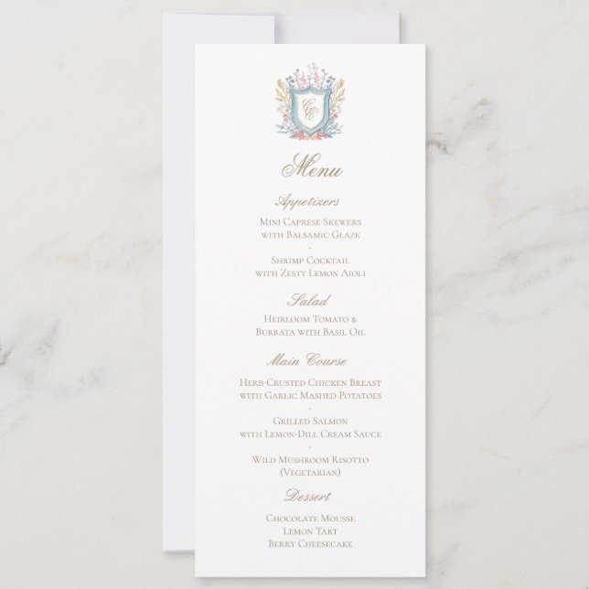 Classic Floral Monogram Crest Wedding Menu Card (Anverso)