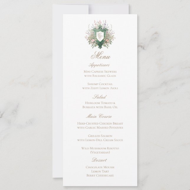 Classic Floral Monogram Crest Wedding Menu Card (Anverso)