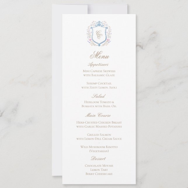 Classic Floral Monogram Crest Wedding Menu Card (Anverso)