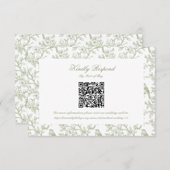 Classic Green Floral and Bird Toile QR code RSVP (Anverso / Reverso)