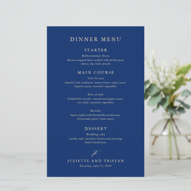 Classic Navy and Cream Elegant Wedding Menu (Anverso de pie)