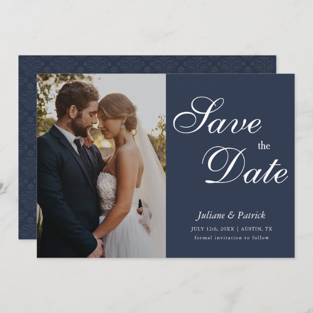 Classic Navy Blue Script Photo Save the Date (Anverso / Reverso)