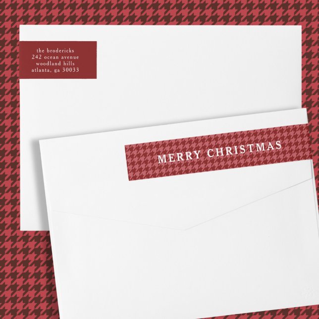 Classic Red Houndstooth Merry Christmas  (classic, preppy, Christmas address label with red houndstooth pattern)