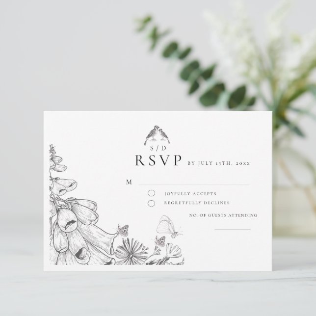 Classic White Black Floral Wedding  RSVP Card (Anverso de pie)