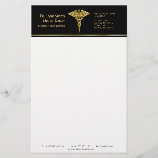 Classy Caduceo de Oro Médico en Negro - Papelería (Anverso)