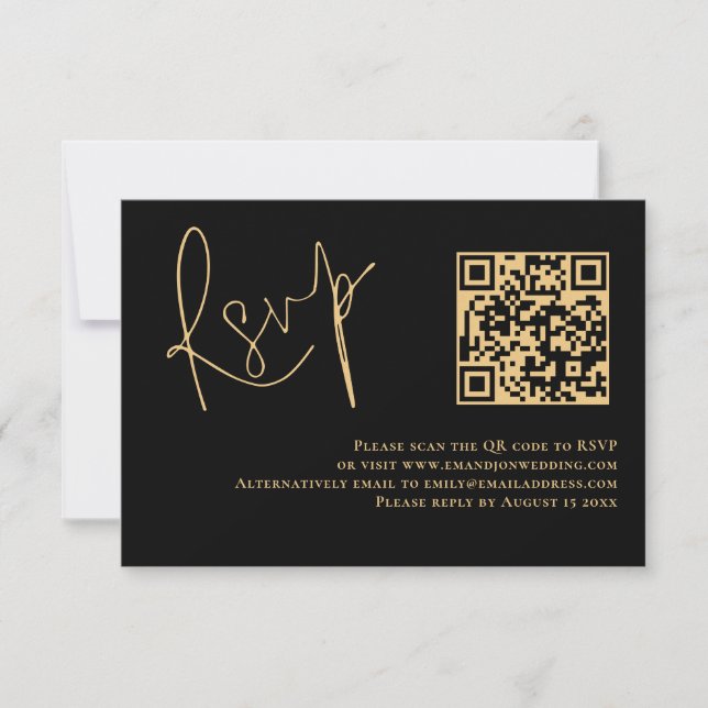 Classy Gold Script Negro QR Boda de código RSVP (Anverso)