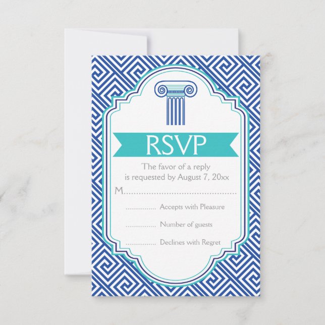 Clave griega y agua, columna azul RSVP de boda (Anverso)