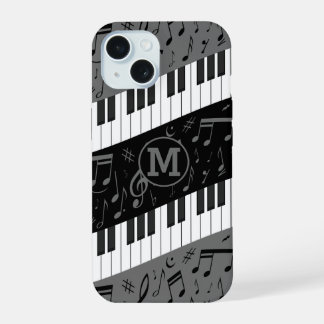 Claves de piano en curva monogramadas y notas musi