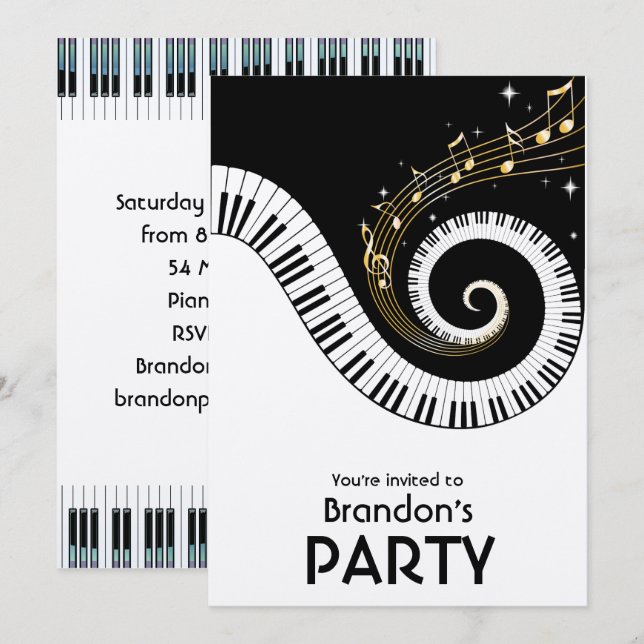 Claves de piano y invitaciones metálicas de música (Anverso / Reverso)