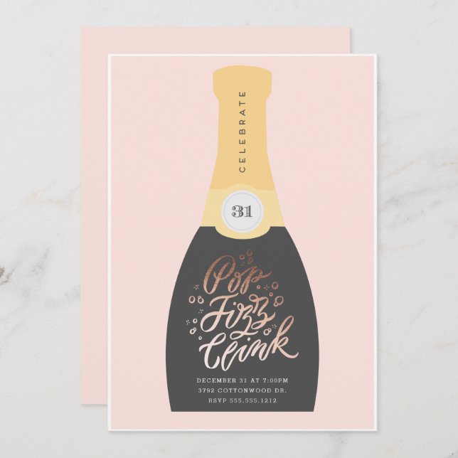 Clink de Pop Fizz| Invitación de fiesta de Año Nue (Anverso / Reverso)