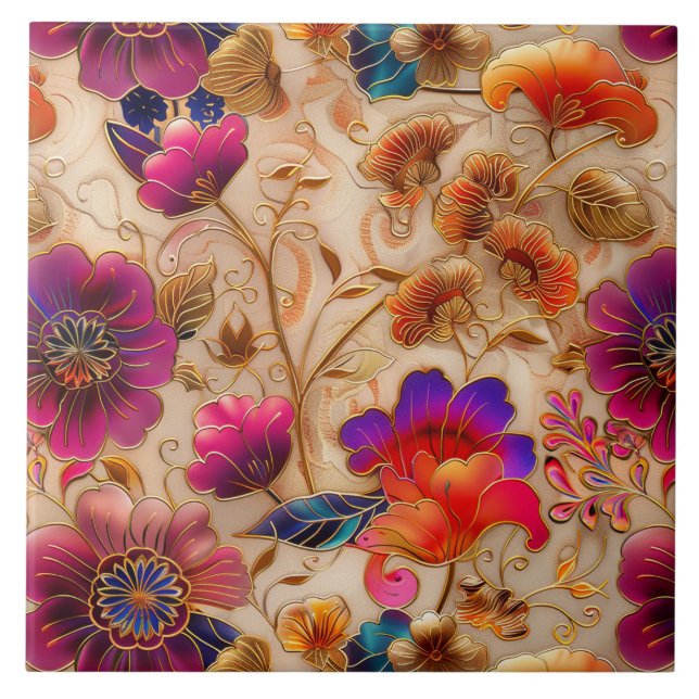 Cloisonne crema rosa teja de patrón floral (Frente)