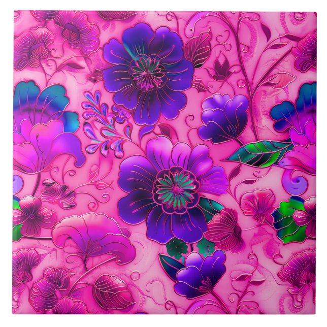 Cloisonne teja de patrón floral púrpura rosa (Frente)