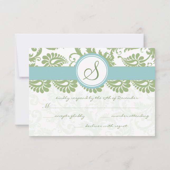 Clover Green y Aqua Damask Wedding RSVP (Reverso)