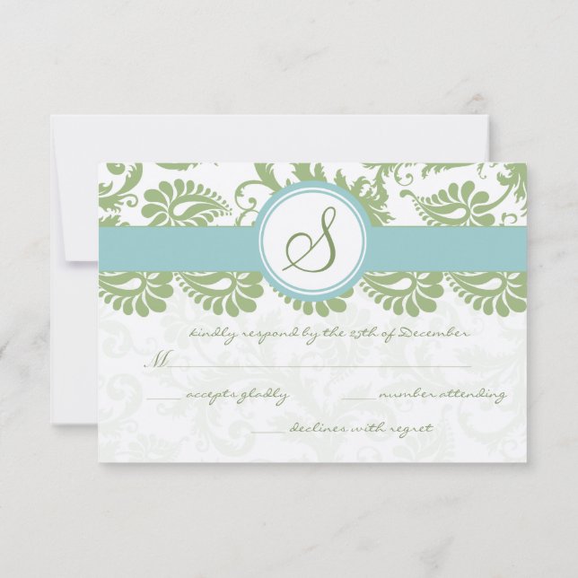 Clover Green y Aqua Damask Wedding RSVP (Reverso)