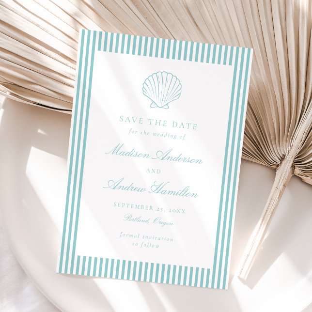 Coastal Aqua Stripe Shell Wedding Save the Date (Subido por el creador)