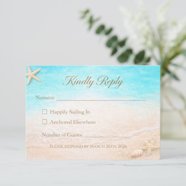 Coastal Beach Wedding RSVP Card Starfish (Anverso de pie)