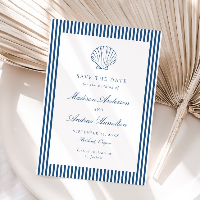 Coastal Navy Stripe Shell Wedding Save the Date (Subido por el creador)
