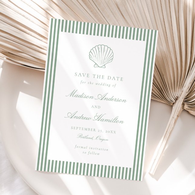 Coastal Sage Stripe Shell Wedding Save the Date (Subido por el creador)
