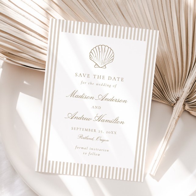 Coastal Sand Stripe Shell Wedding Save the Date (Subido por el creador)