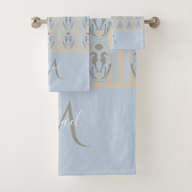 Coastal Seahorse Cameo Blue Cream Strip Monogram  (In situ)