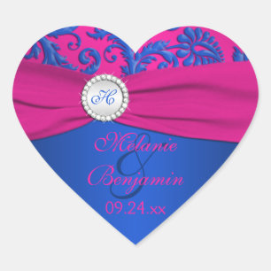 Cobalto y Fuchsia Damask Pegatina en forma de cora