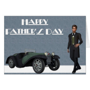 Coche Antiguo y Hombre Feliz Tarjeta de Cumpleaños