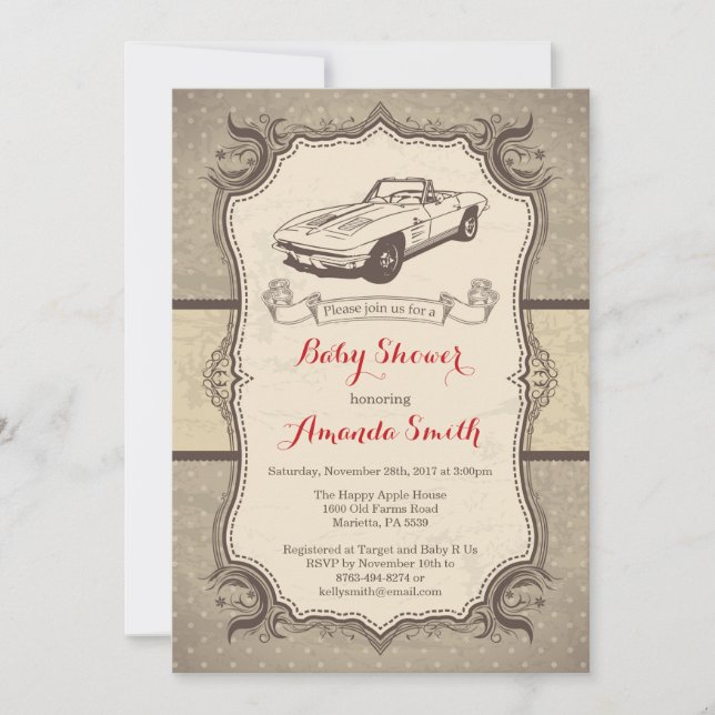 Coche Baby Shower Invitación Vieja Retro (Anverso)