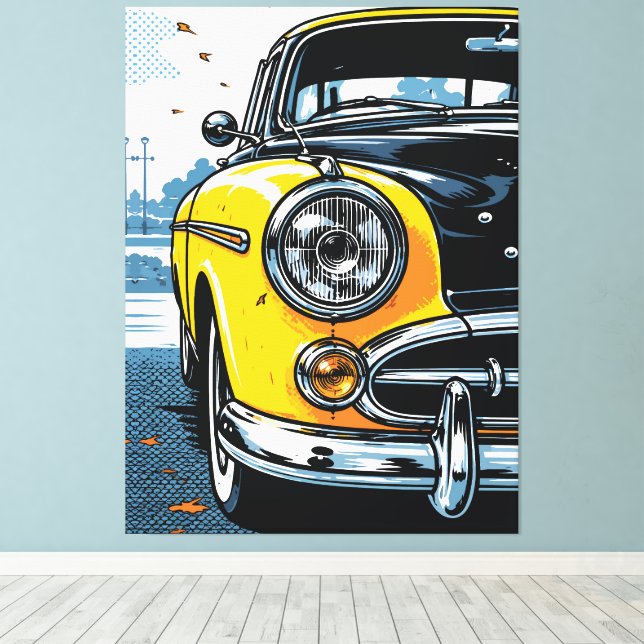 Coche Clásico Amarillo Retro Arte Pop Frente (Insitu (piso de madera))