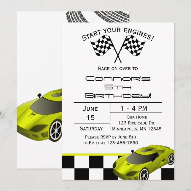 Coche de carrera amarilla | Invitación de cumpleañ (Anverso / Reverso)