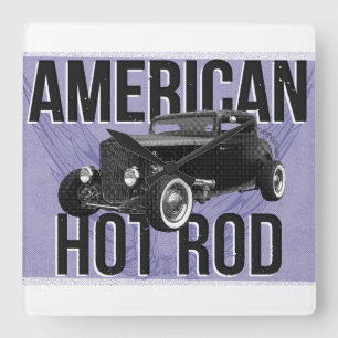 Coche de carreras americano. Reloj de pared azul