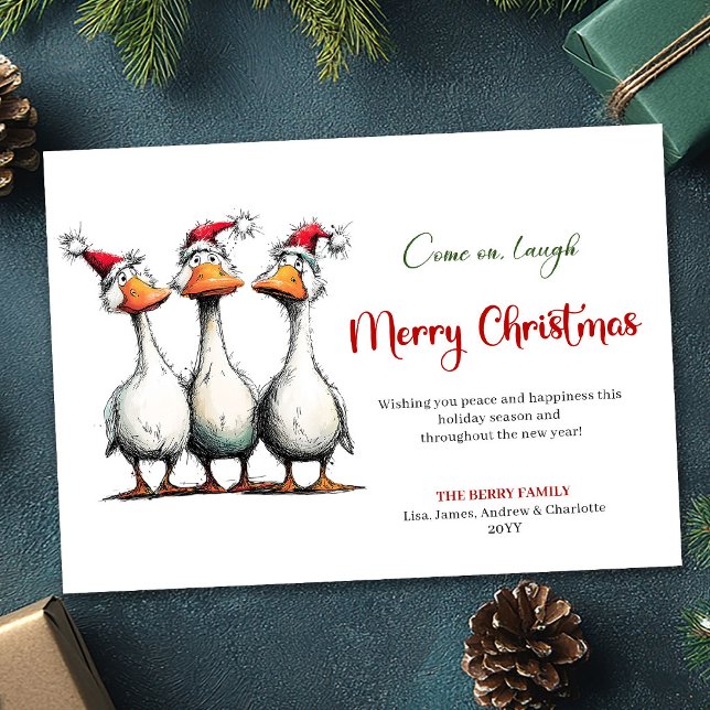 Coche de Feliz Navidad con Gansos Divertidos y Cap (Christmas Whimsical Silly Geese Funny Greeting Card)