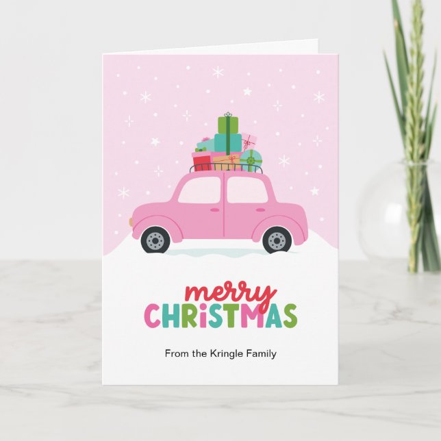 Coche de Navidad con regalos de Navidad en rosa (Anverso)