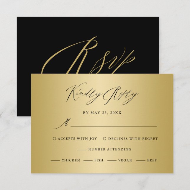 Coche elegante Gold Black Calligraphy Wedding RSVP (Anverso / Reverso)