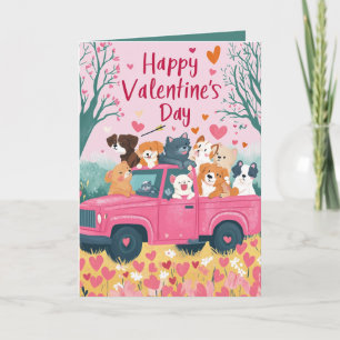 Coche lleno de perros y tarjeta de San Valentín de