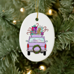 Coche morado con Navidades Regalos Ornamento cerám