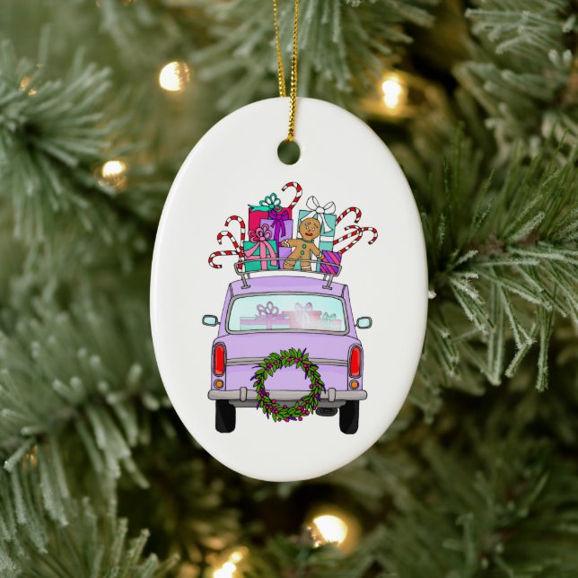 Coche morado con Navidades Regalos Ornamento cerám (Árbol)