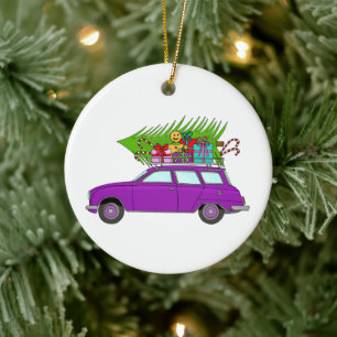 Coche morado con Navidades Regalos Ornamento cerám