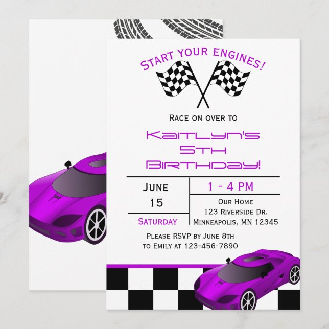 Coche Purple Race | Invitación de cumpleaños de ni (Anverso / Reverso)