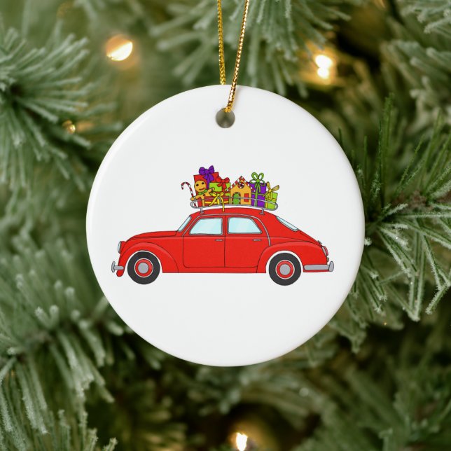 Coche rojo con Navidades Regalos Ornamento cerámic (Árbol)