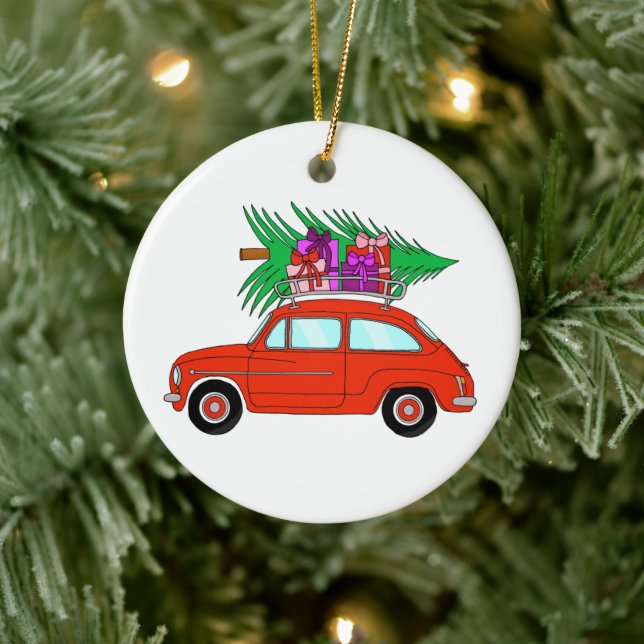Coche rojo con Navidades Regalos Ornamento cerámic (Árbol)