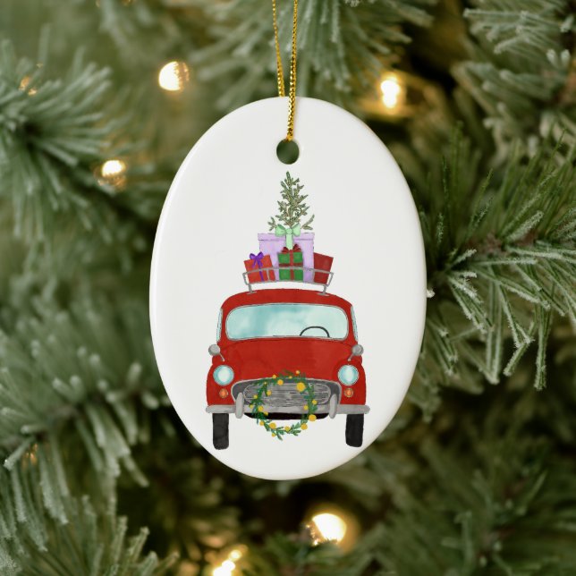 Coche rojo con Navidades Regalos Ornamento cerámic (Árbol)